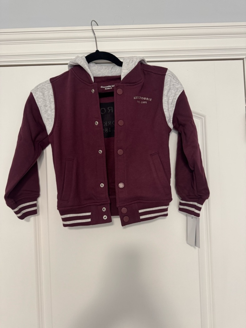 Abercrombie & Fitch Kids Maroon and Light Gray Hooded Varsity Jacket